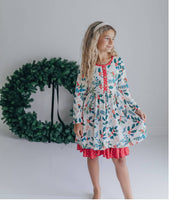 Kids Red & Green Holly Ruffle Button Pocket Tie Back Dress