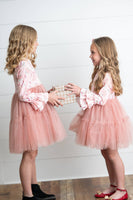 Kids Pink Reindeer Tulle Ruffle Sleeve Holiday Dress