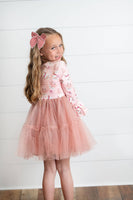 Kids Pink Reindeer Tulle Ruffle Sleeve Holiday Dress