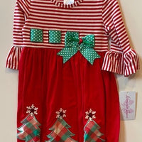 DRESS WITH STRIPED TOP AND SOLID RED BOTTOM WITH 4 TREES ON BOTTOM