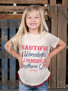 Girls Beautiful, Wonderful, All-American Southern Girl on Ivory Short Sleeve T-Shirt with Red Poms