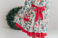 Kids Red & Green Holly Ruffle Button Pocket Tie Back Dress
