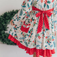 Kids Red & Green Holly Ruffle Button Pocket Tie Back Dress