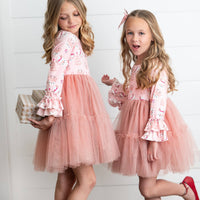 Kids Pink Reindeer Tulle Ruffle Sleeve Holiday Dress