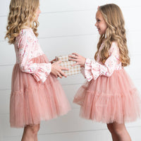 Kids Pink Reindeer Tulle Ruffle Sleeve Holiday Dress