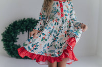 Kids Red & Green Holly Ruffle Button Pocket Tie Back Dress
