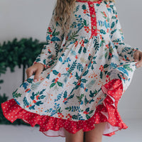 Kids Red & Green Holly Ruffle Button Pocket Tie Back Dress