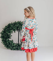 Kids Red & Green Holly Ruffle Button Pocket Tie Back Dress
