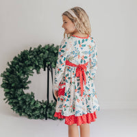 Kids Red & Green Holly Ruffle Button Pocket Tie Back Dress