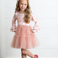 Kids Pink Reindeer Tulle Ruffle Sleeve Holiday Dress