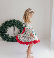 Kids Red & Green Holly Ruffle Button Pocket Tie Back Dress
