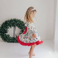 Kids Red & Green Holly Ruffle Button Pocket Tie Back Dress