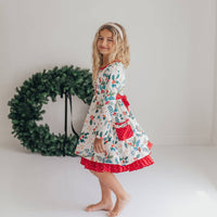 Kids Red & Green Holly Ruffle Button Pocket Tie Back Dress