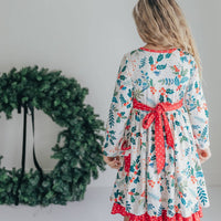 Kids Red & Green Holly Ruffle Button Pocket Tie Back Dress