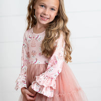 Kids Pink Reindeer Tulle Ruffle Sleeve Holiday Dress