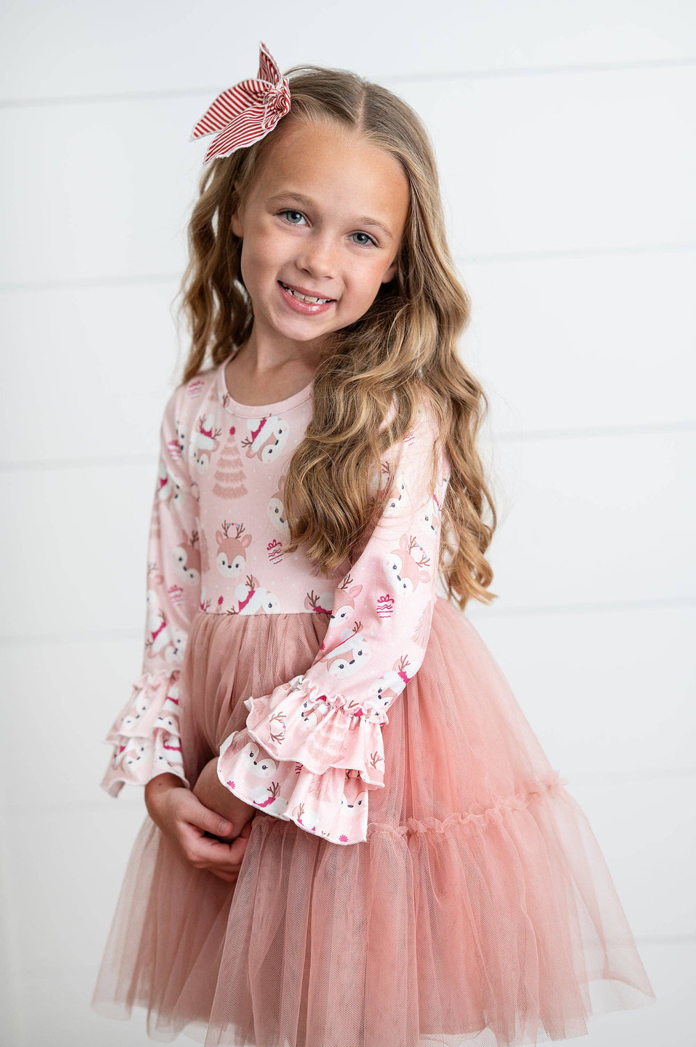 Kids Pink Reindeer Tulle Ruffle Sleeve Holiday Dress