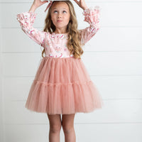 Kids Pink Reindeer Tulle Ruffle Sleeve Holiday Dress