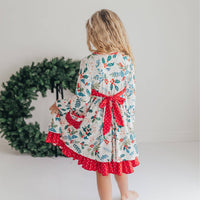 Kids Red & Green Holly Ruffle Button Pocket Tie Back Dress