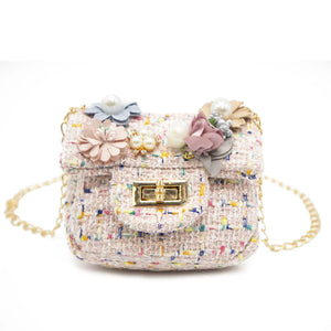 MINI TWEED PEARLY FLORALS CROSSBODY PINK