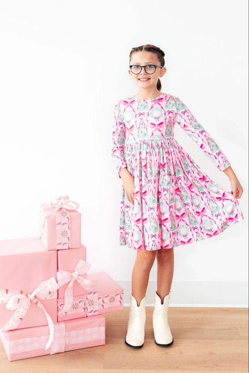JINGLE BOWS LS POCKET TWIRL DRESS