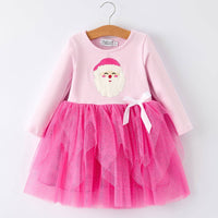 Pink Christmas Santa Applique Striped Girls Dress