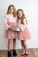 Kids Pink Reindeer Tulle Ruffle Sleeve Holiday Dress
