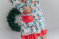 Kids Red & Green Holly Ruffle Button Pocket Tie Back Dress

