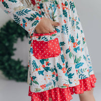 Kids Red & Green Holly Ruffle Button Pocket Tie Back Dress