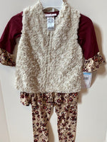 MAROON TOP WITH FLORAL PANTS AND BEIGE VEST
