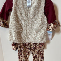 MAROON TOP WITH FLORAL PANTS AND BEIGE VEST
