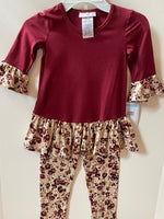 MAROON TOP WITH FLORAL PANTS AND BEIGE VEST

