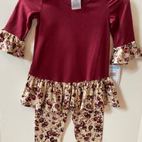 MAROON TOP WITH FLORAL PANTS AND BEIGE VEST