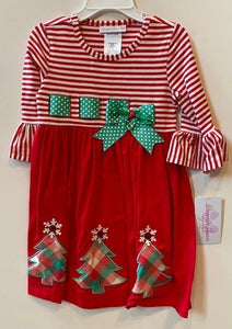 DRESS WITH STRIPED TOP AND SOLID RED BOTTOM WITH 4 TREES ON BOTTOM