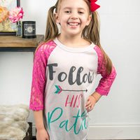 Girls Follow His Path Raglan with Floral Cross Back Accent