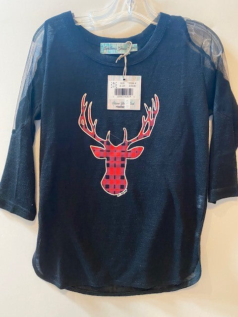 BLACK SHIRT WITH PLAID DEER AND SHEAR SLEEVES - KIDS