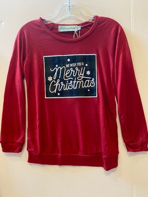 We Wish You a Merry Christmas Plaid Patch on Red Longsleeve - KIDS