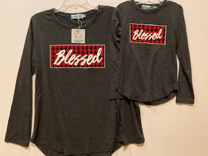 Girls' Blessed Buffalo Plaid Patch on Charcoal Longsleeve Tee