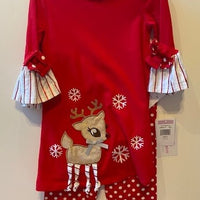 REINDEER WITH STRIPED LEGS AND POLKA DOT PANTS