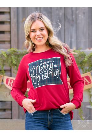 We Wish You a Merry Christmas Plaid Patch on Red Longsleeve - Adult