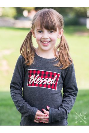 Girls' Blessed Buffalo Plaid Patch on Charcoal Longsleeve Tee