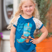 Girls' Forget Glass Slippers, Country Girls wear Boots on Blue Shortsleeve Tee with Lace Inset