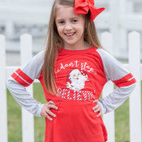 Girls' Don't Stop Believin' Jolly Santa on Red & Grey Varsity Style Longsleeve